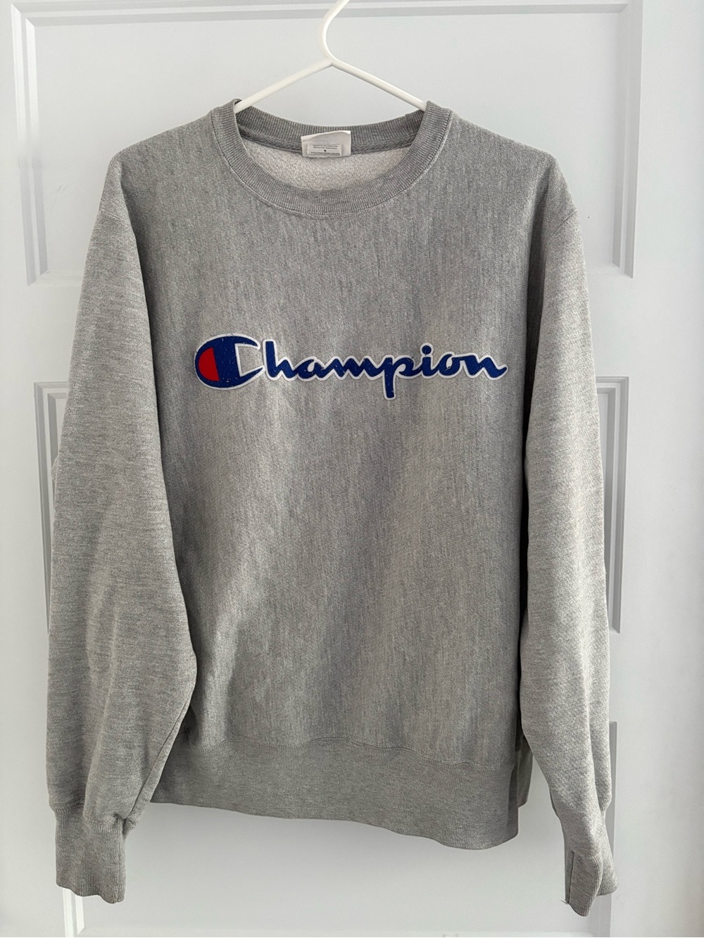 Champion Gray Crewneck with Blue & Red Script Logo